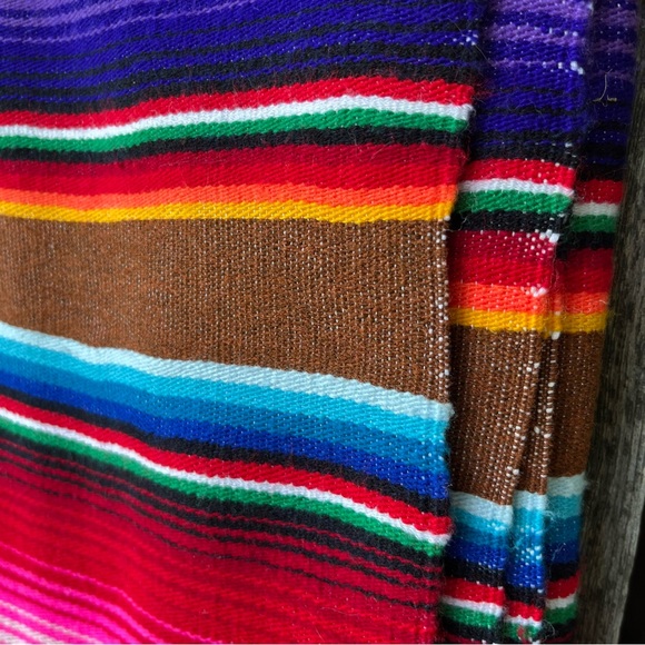 Mexican Woven Serape Saltillo Multicolor Rainbow Fringed Throw Blanket - Picture 6 of 8